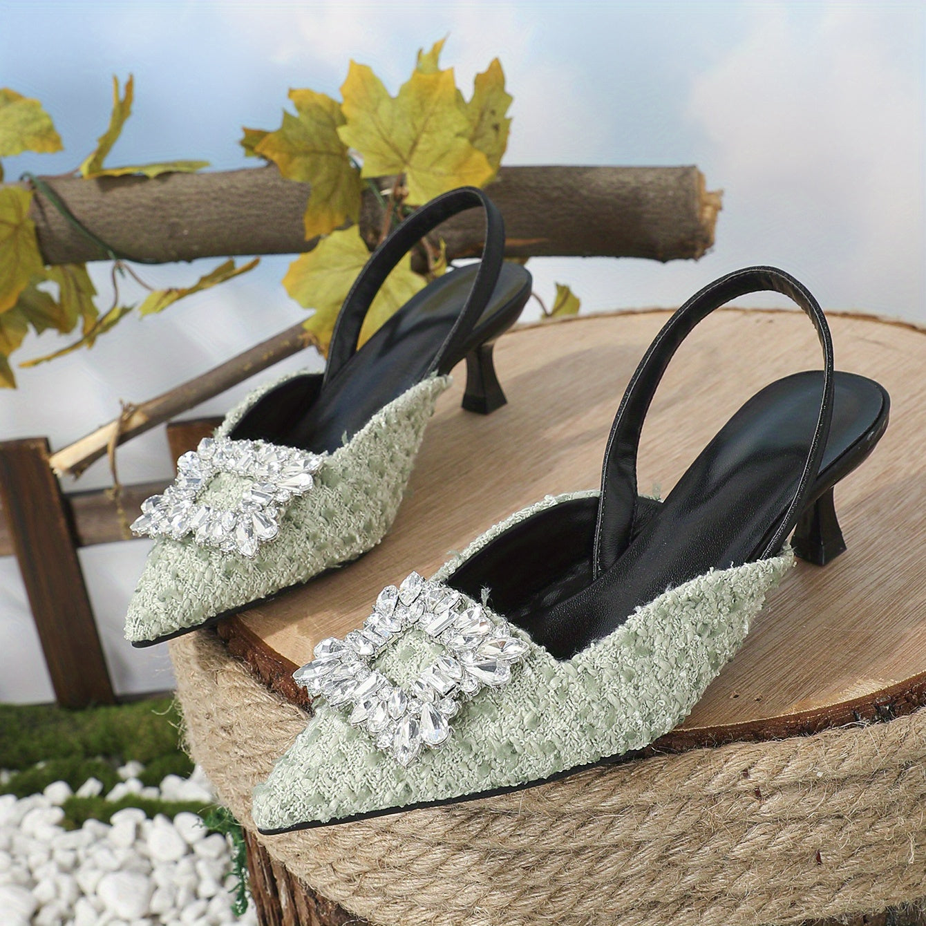 Women's Tweed Kitten Heels Rhinestone Square Buckle Slingback Sandals