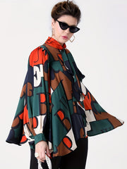 Women's Plus Colorblock Letter Print Lantern Sleeve Blouse