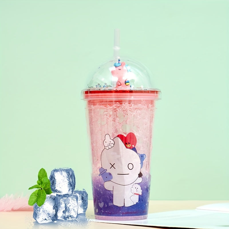 Animal Pattern Plastic Water Cup With Straw