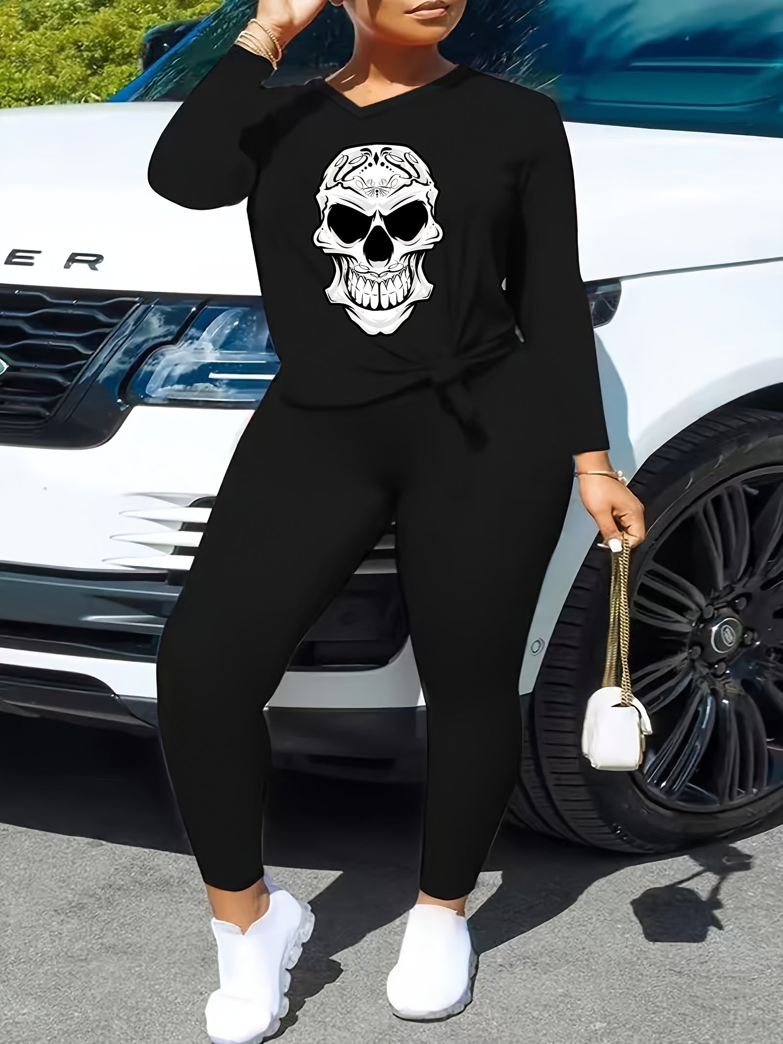 Women's Plus Size Skull Print Top & Leggings Set