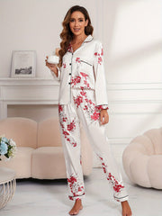 Floral Print Pajama Set Long Sleeve Buttons Top & Elastic Waistband Pants