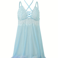Plush Trim Cross Neck Lace Babydoll Dress Women's Semi Sheer Sexy Cost
