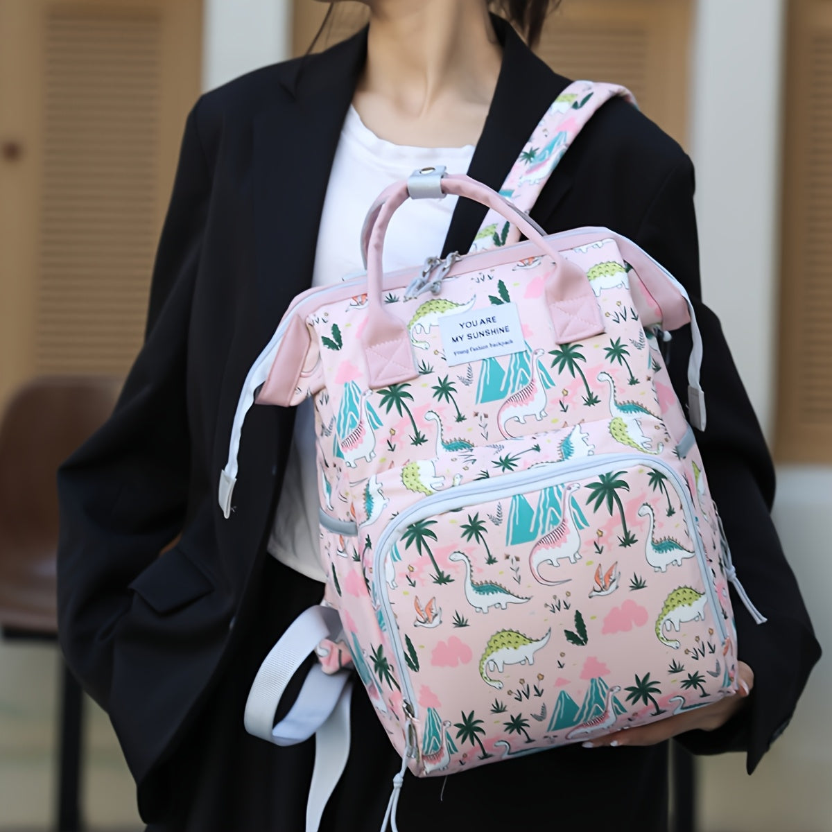 Spacious Pink/Gray Diaper Backpack with Pockets