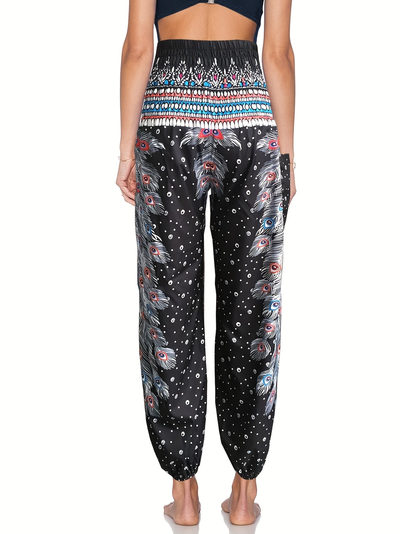Feather Print High Rise Carrot Pants With Pockets