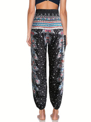Feather Print High Rise Carrot Pants With Pockets