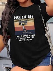 Cat Print Crew Neck T shirt Solid Short Sleeve Loose Tee Women's Tops