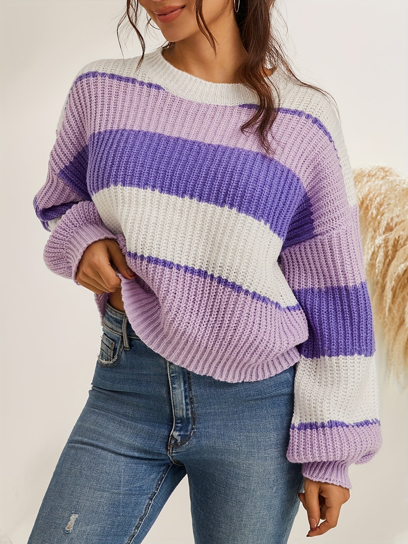 Striped Print Knit Sweater Casual Crew Neck Long Sleeve Pullover