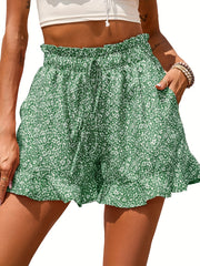 Boho Floral Ruffle Trim Shorts Elastic Waist Drawstring Summer Shorts