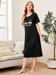Letter Print Nightdress Crew Neck Short Sleeve Sleep Dress Women's Sleepwear