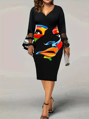Abstract Figure Print Mesh Sleeve V Neck Dress