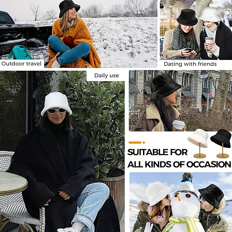 Faux Fur Winter Bucket Hat Fluffy Warm Hat Women's Furry Fisherman Cap
