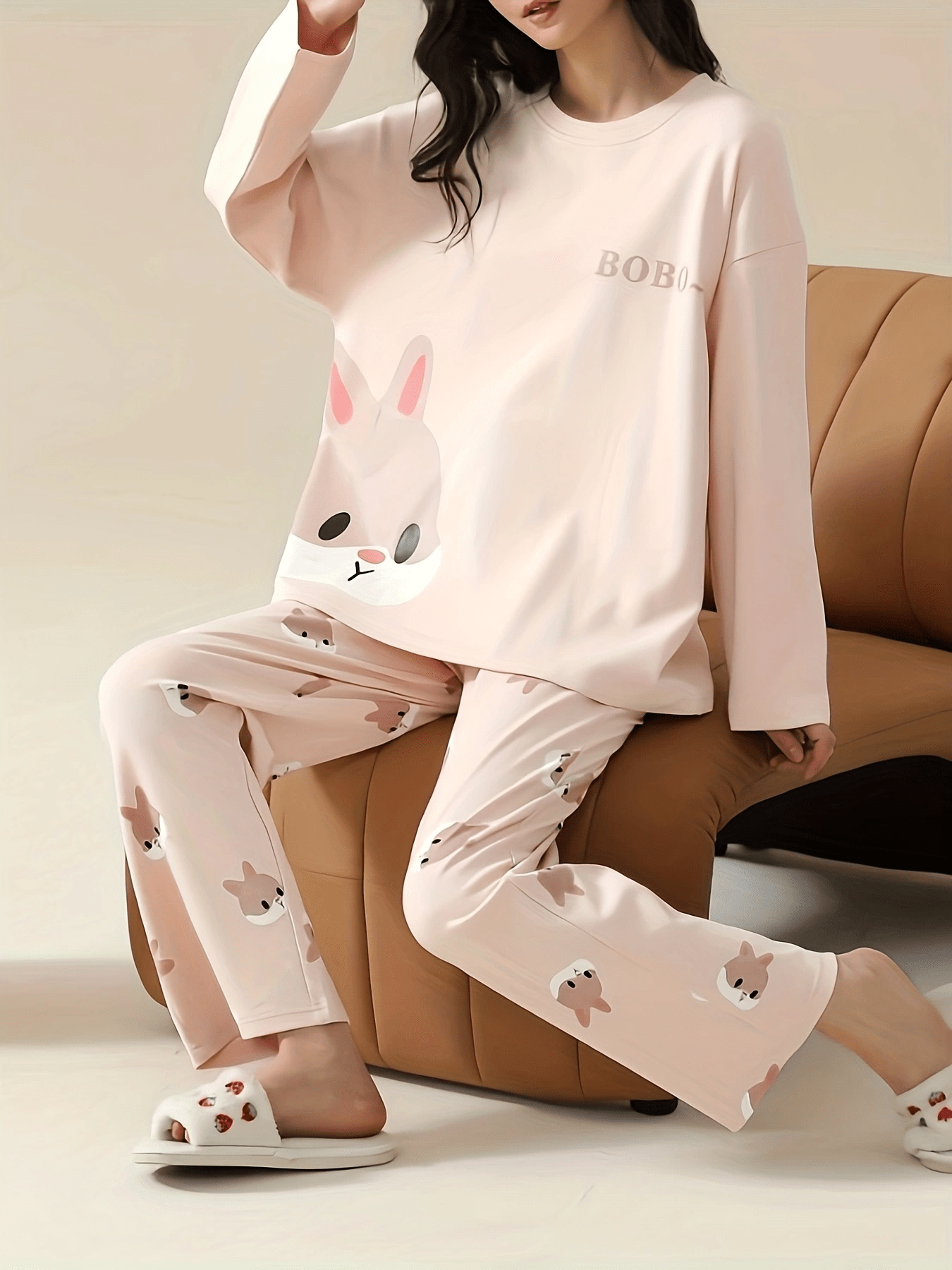 Bunny Print Pajama Set Long Sleeve Crew Neck Top & Pants Women's Sleepwear