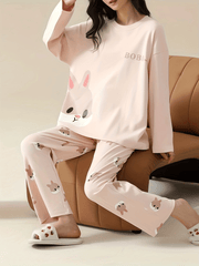 Bunny Print Pajama Set Long Sleeve Crew Neck Top & Pants Women's Sleepwear