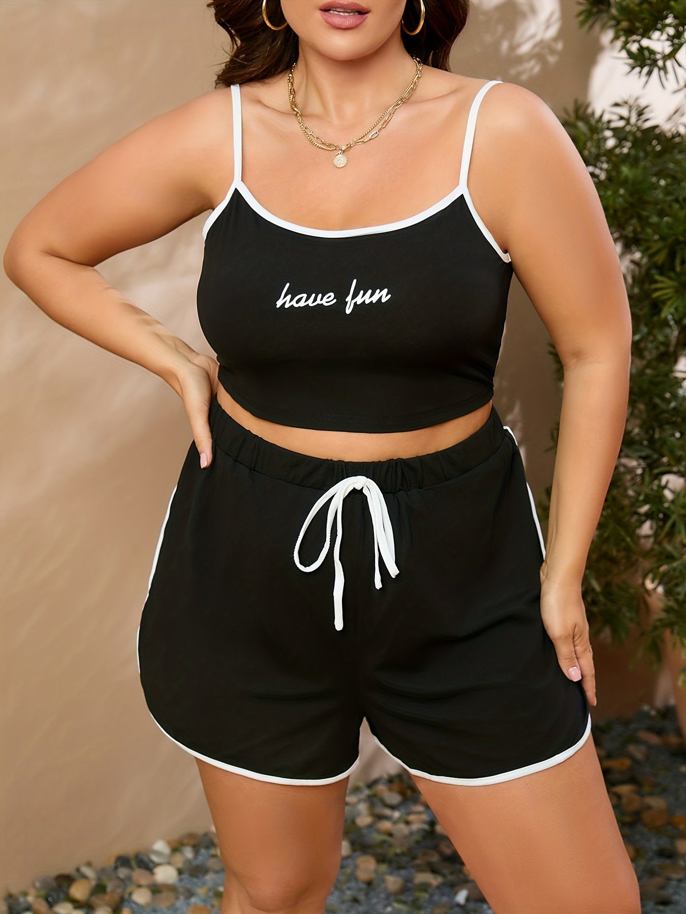 Women's Plus Cami Crop Top & Drawstring Shorts Set