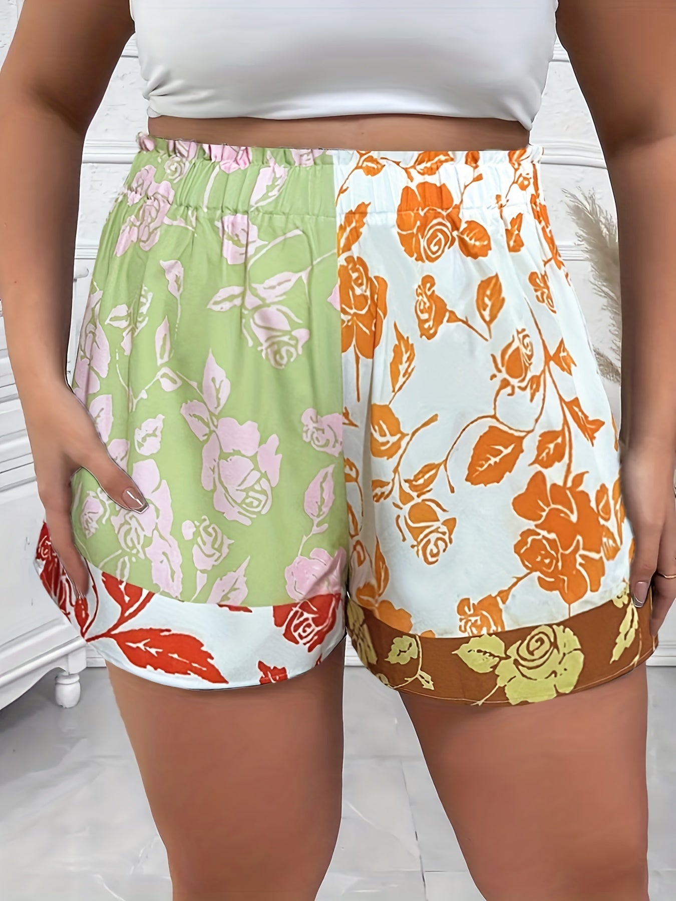 Colorblock Floral Print High Rise Shorts