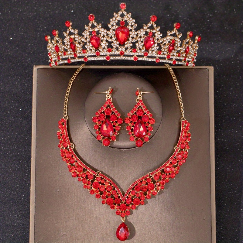 Red Crystal Bridal Jewelry Rhinestone Tiara Set for Women Bride Wedding