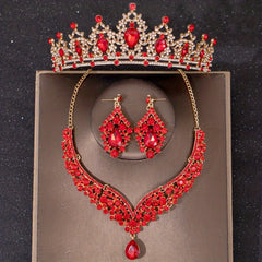 Red Crystal Bridal Jewelry Rhinestone Tiara Set for Women Bride Wedding