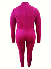 Plus Size Solid Zipper Long Sleeve Skinny Jumpsuit