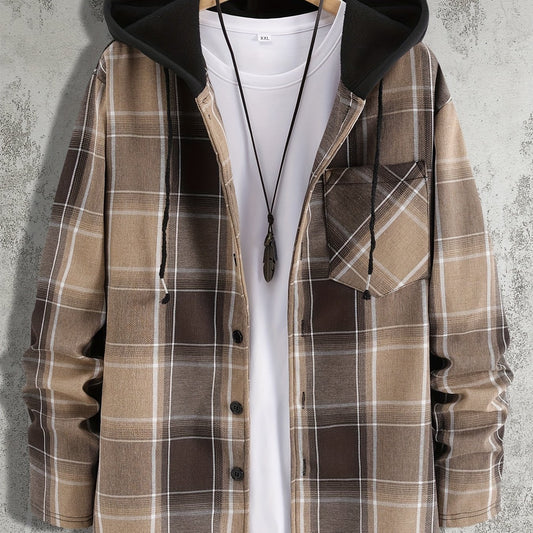 Plaid Shirts Jackets Hooded Button Up Coat Men