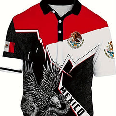 MEXICO Eagle And Snake Block Pattern Men's Casual Short Sleeve Shirt