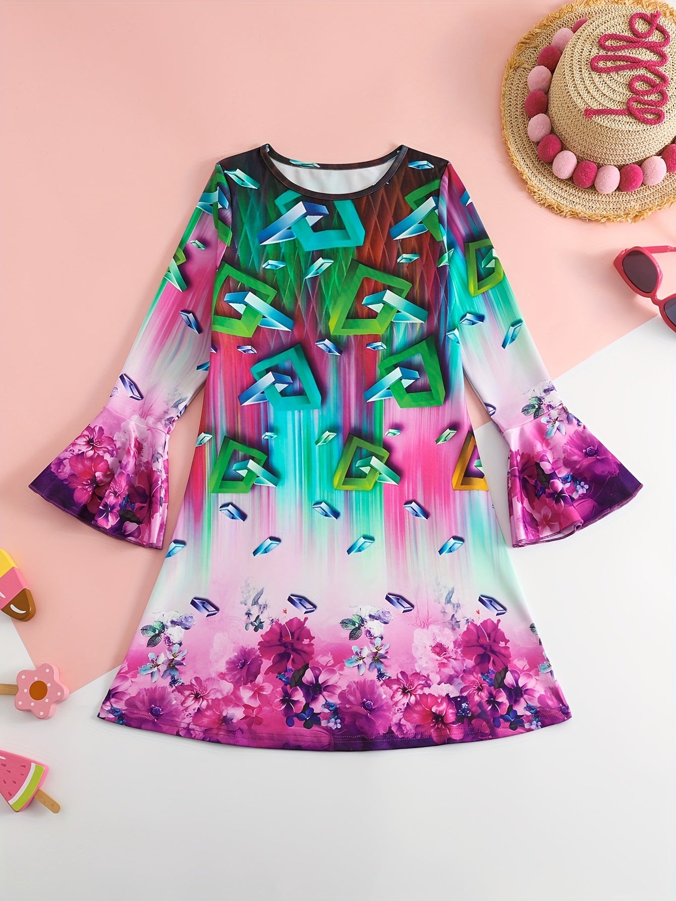 Girls Flower Graphic Crew Neck Long Sleeve Dress