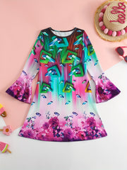 Girls Flower Graphic Crew Neck Long Sleeve Dress