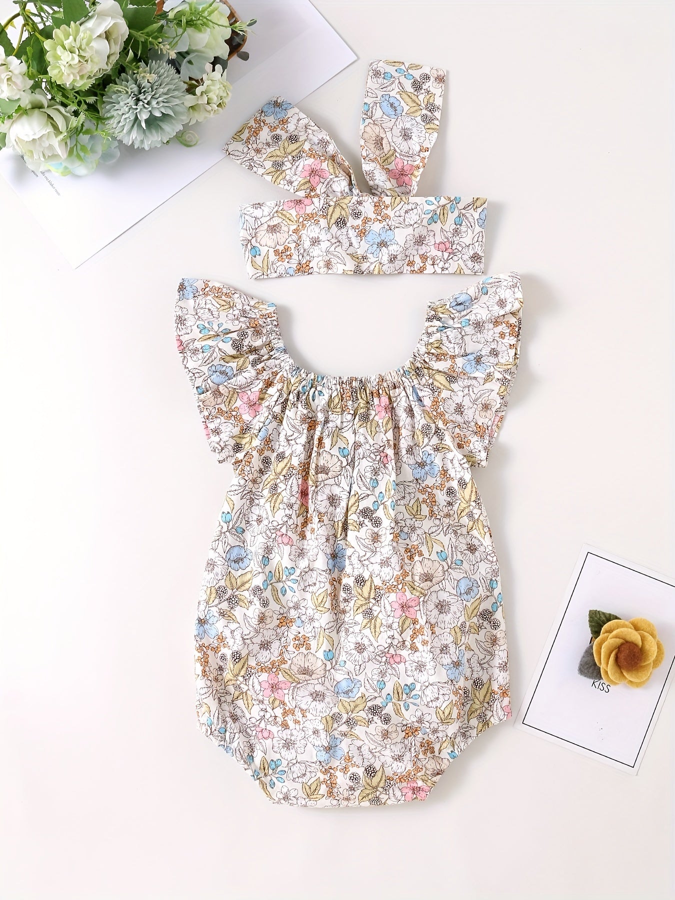 Baby Girls Square Neck Onesies with Floral Print Romper