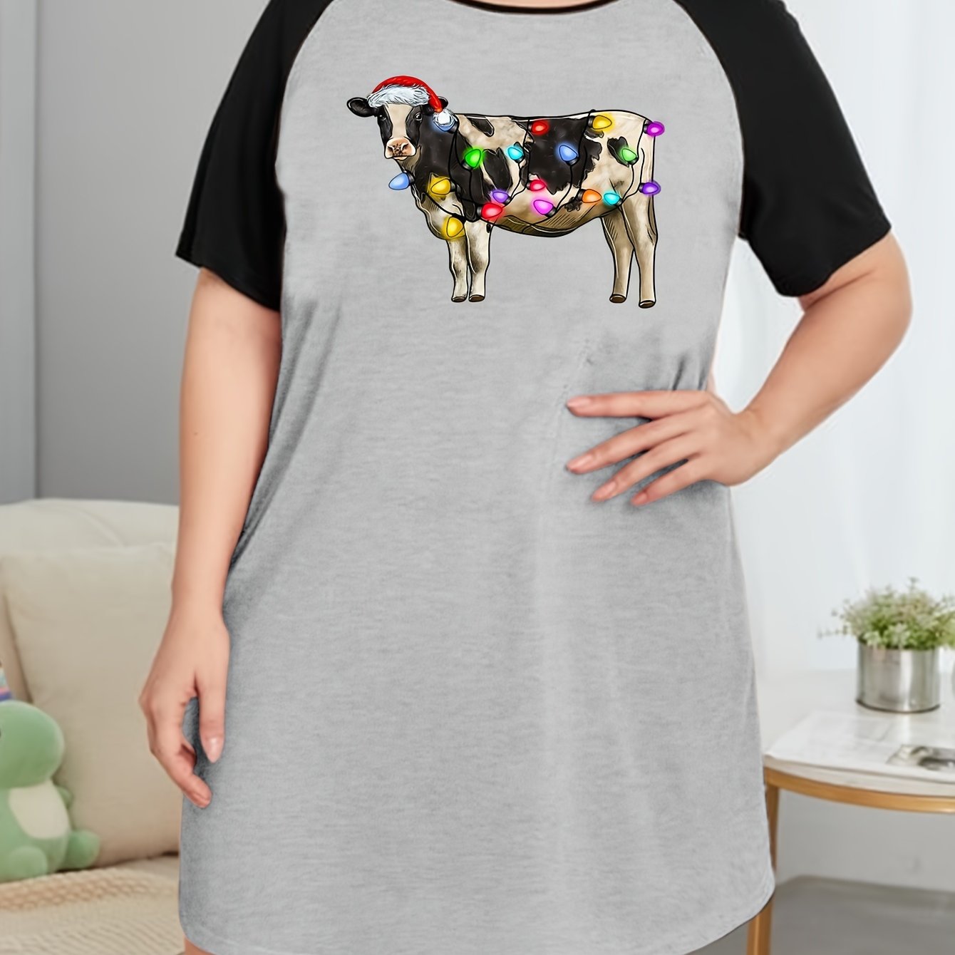 Christmas Nightdress String Lights & Cow Print Raglan Tee Sleep Dress