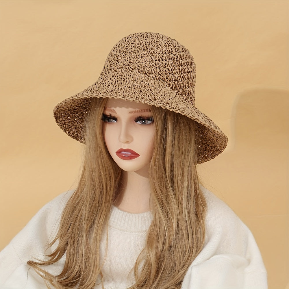 Crochet Floppy Sun Hat Khaki UV Protection Straw Hat