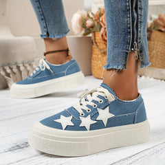 Women's Platform Canvas Shoes Star Pattern Lace Up Low Top Skate Shoes