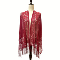 Red Lace Tassel Scarf Floral Shawl for Party Prom Wedding Bridal