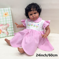 Dark Brown Skin NPK Reborn Doll Soft Touch Princess Girl in Pink Striped Dre