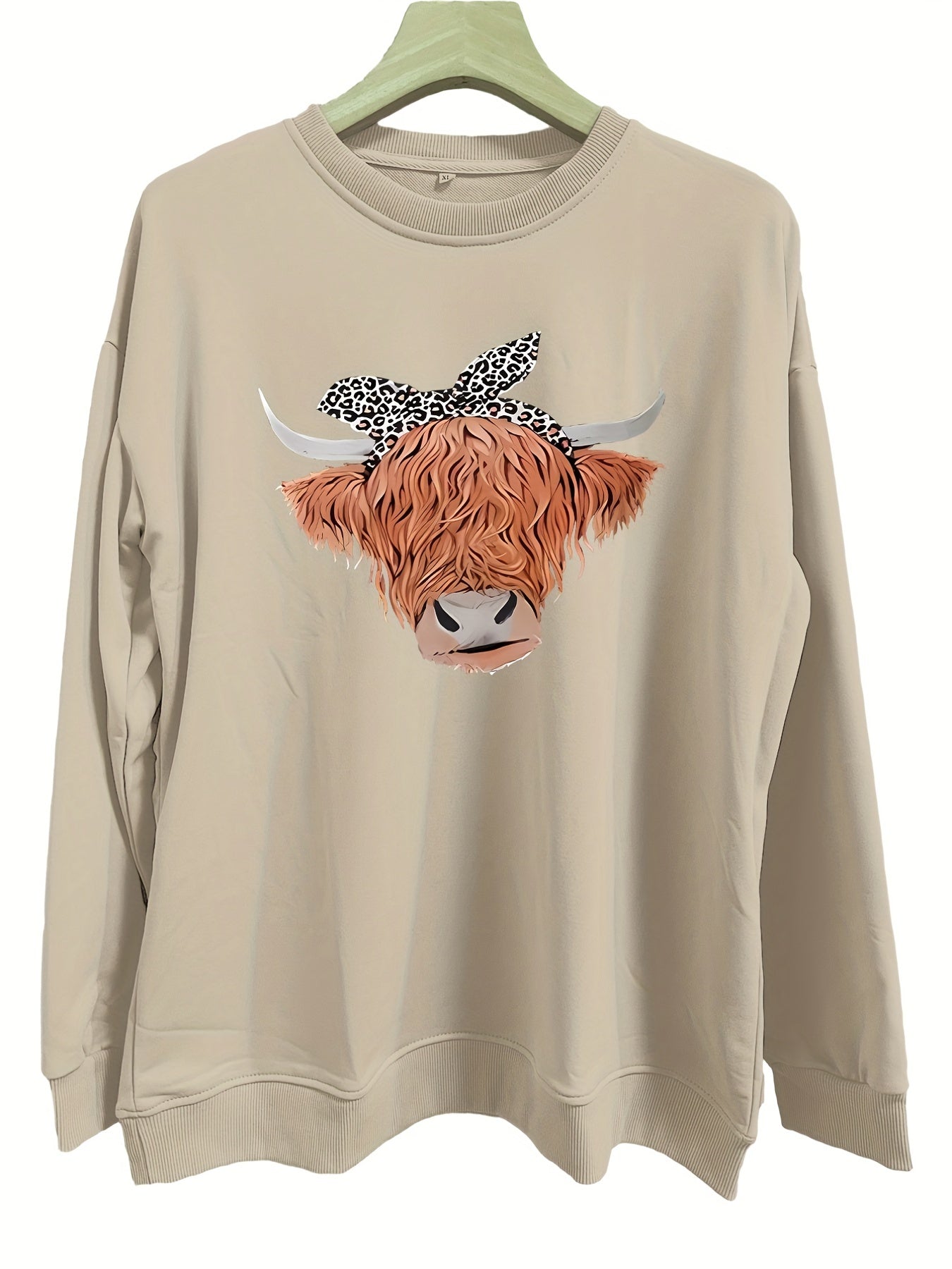 Cow Head Print Pullover Sweatshirt Crew Neck Casual Long Sleeve