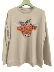 Cow Head Print Pullover Sweatshirt Crew Neck Casual Long Sleeve