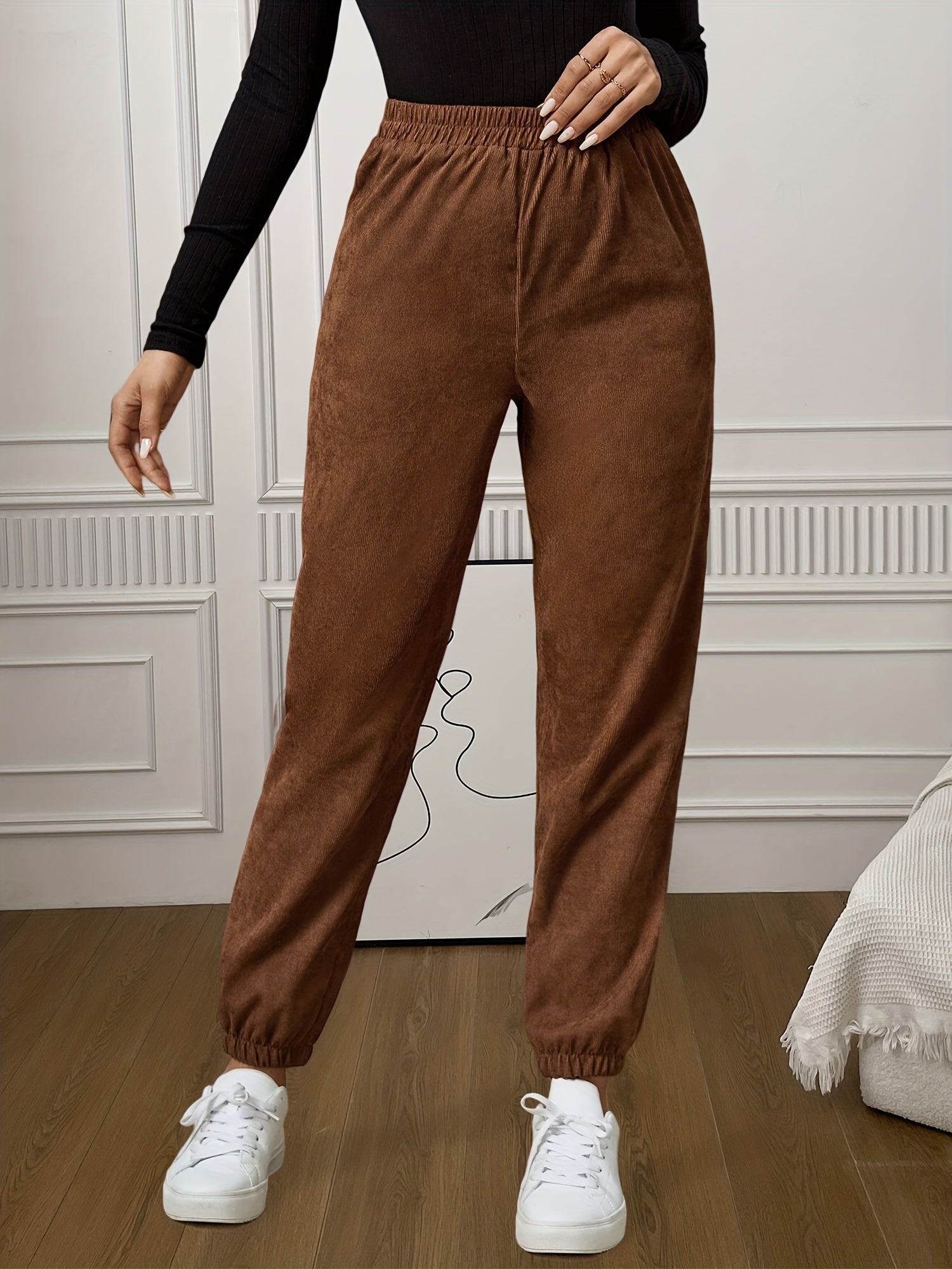 Corduroy Jogger Pants for Women Elastic Waist Casual Solid Comfy