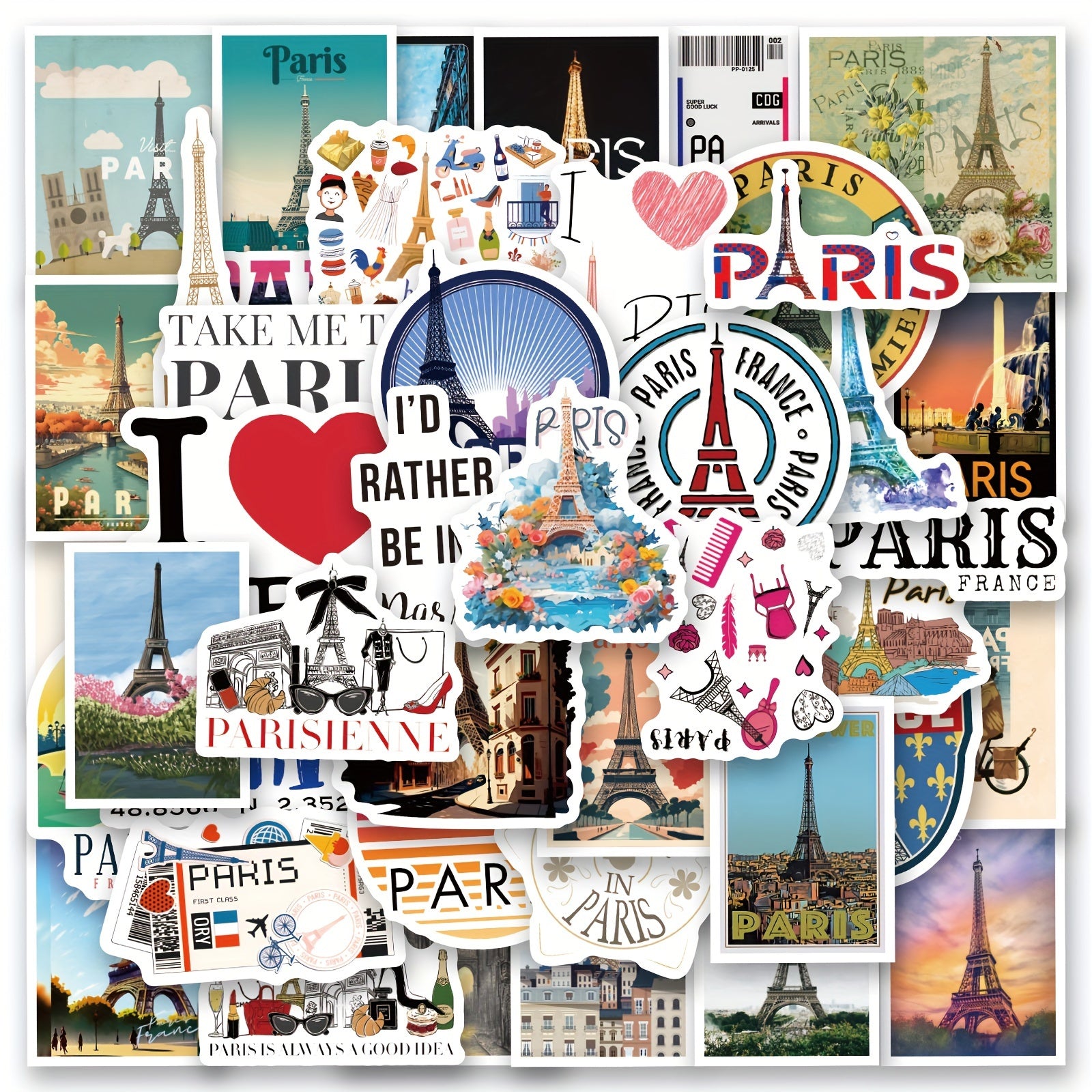60pcs Paris City Travel Stickers Gouache Style Waterproof Adventure Stickers