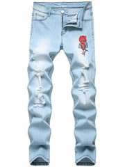 Rose Pattern Slim Fit Ripped Jeans Men's Casual Street Style