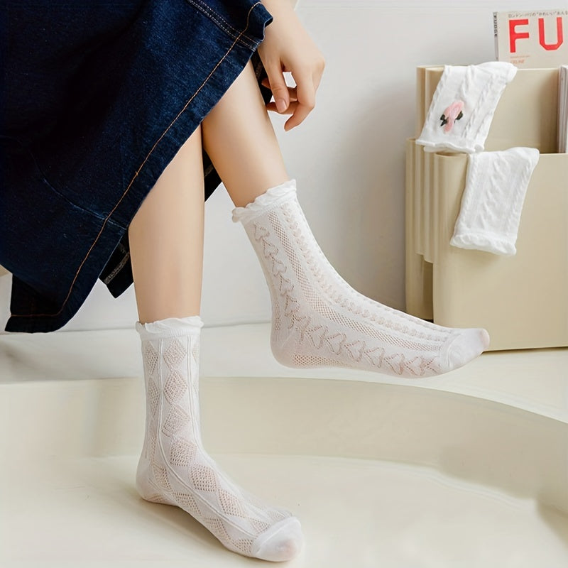 5 Pairs Floral 3D Textured Socks Women's Ruffle Mid Tube Stockings