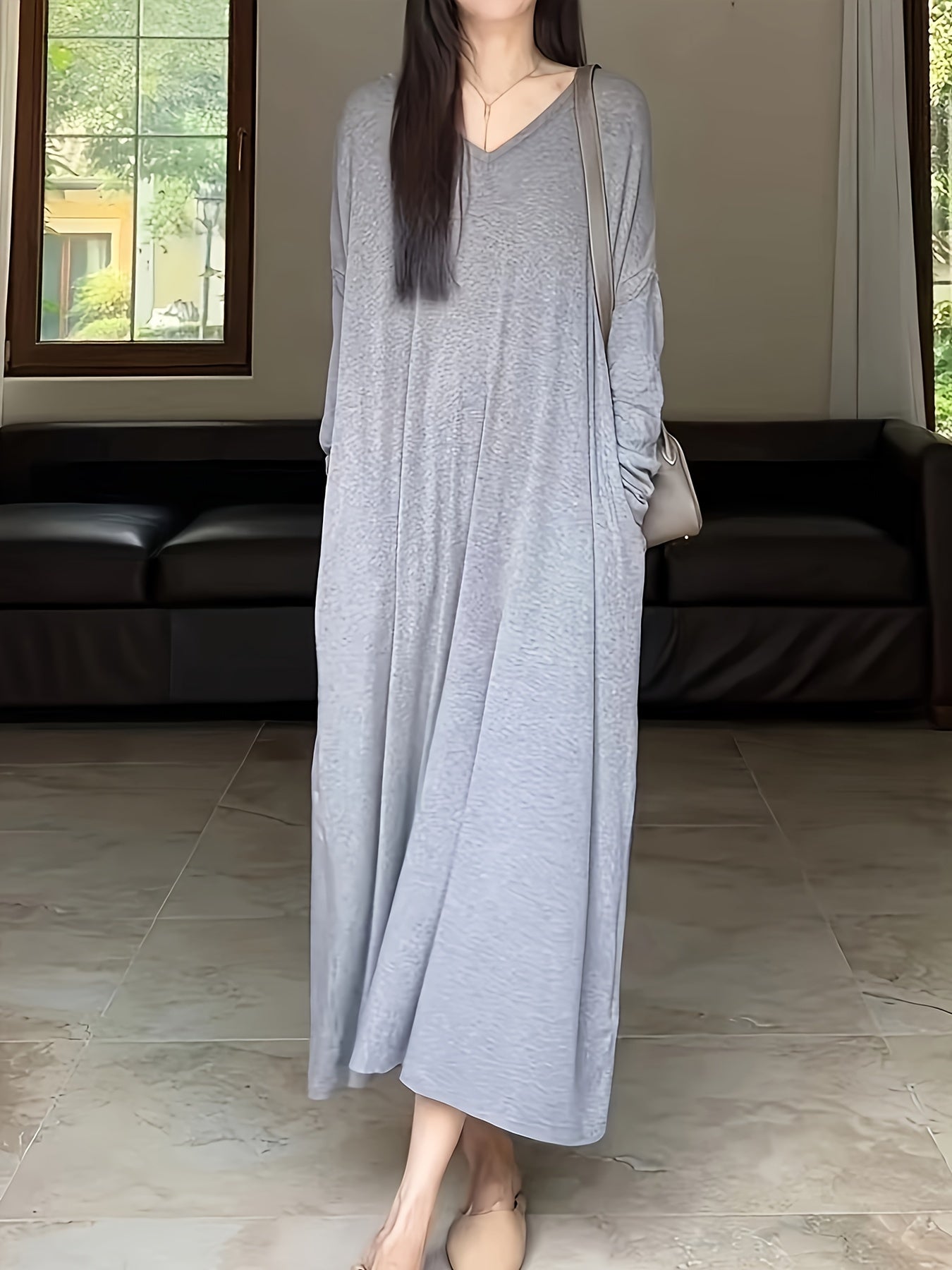 Solid Long Sleeve Maxi Dress With Pockets