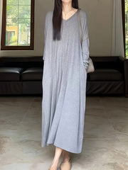 Solid Long Sleeve Maxi Dress With Pockets