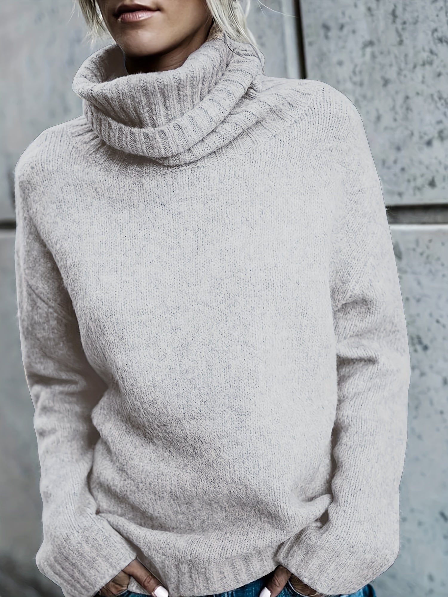 Solid Turtleneck Sweater Split Warm Knitted Jumper