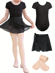 Girls Comfy Dance Suit Leotard Romper Skirt Leggings Set