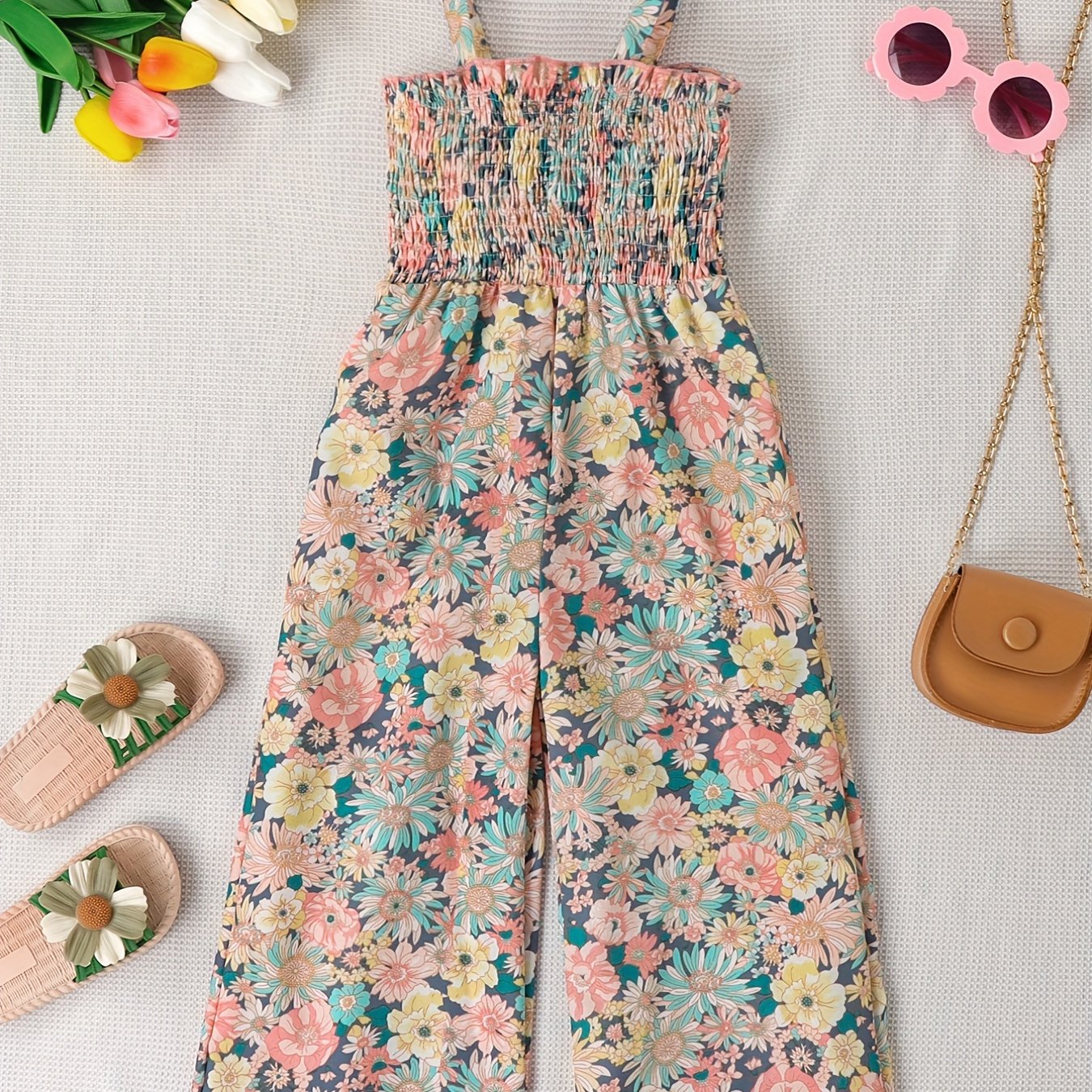 Girls Boho Flower Print Shirred Cami Jumpsuit For Party