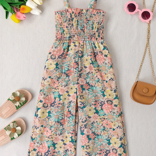 Girls Boho Flower Print Shirred Cami Jumpsuit For Party