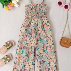 Girls Boho Flower Print Shirred Cami Jumpsuit For Party