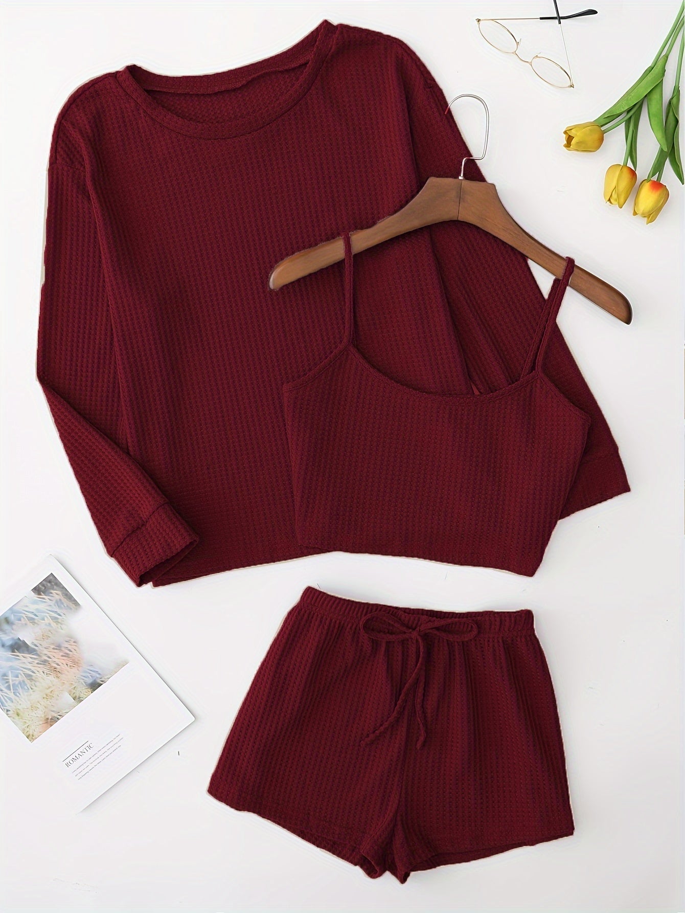 Solid Pajama Set Long Sleeve Top & Cami Top & Shorts