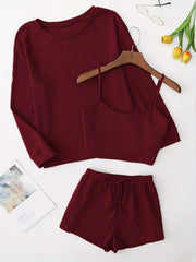 Solid Pajama Set Long Sleeve Top & Cami Top & Shorts