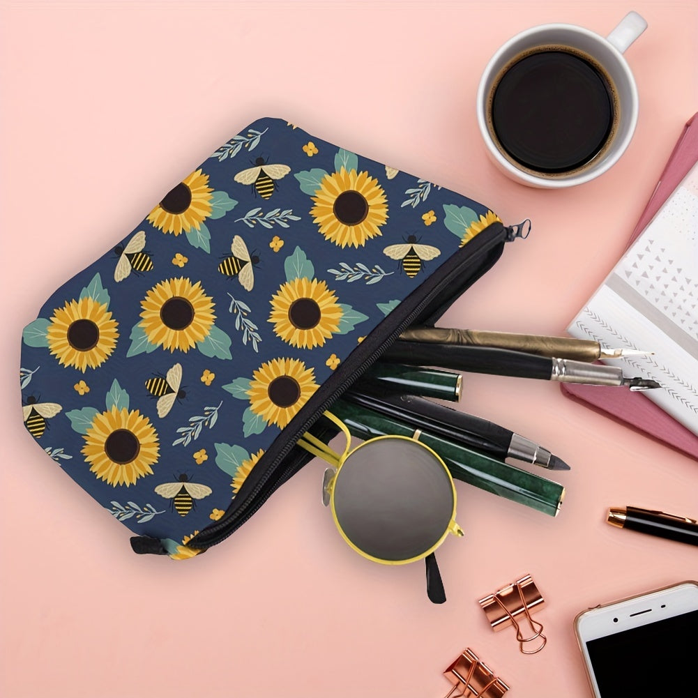 Sunflower Bee Waterproof Makeup Bag Toiletry Pouch Women Travel Accessory