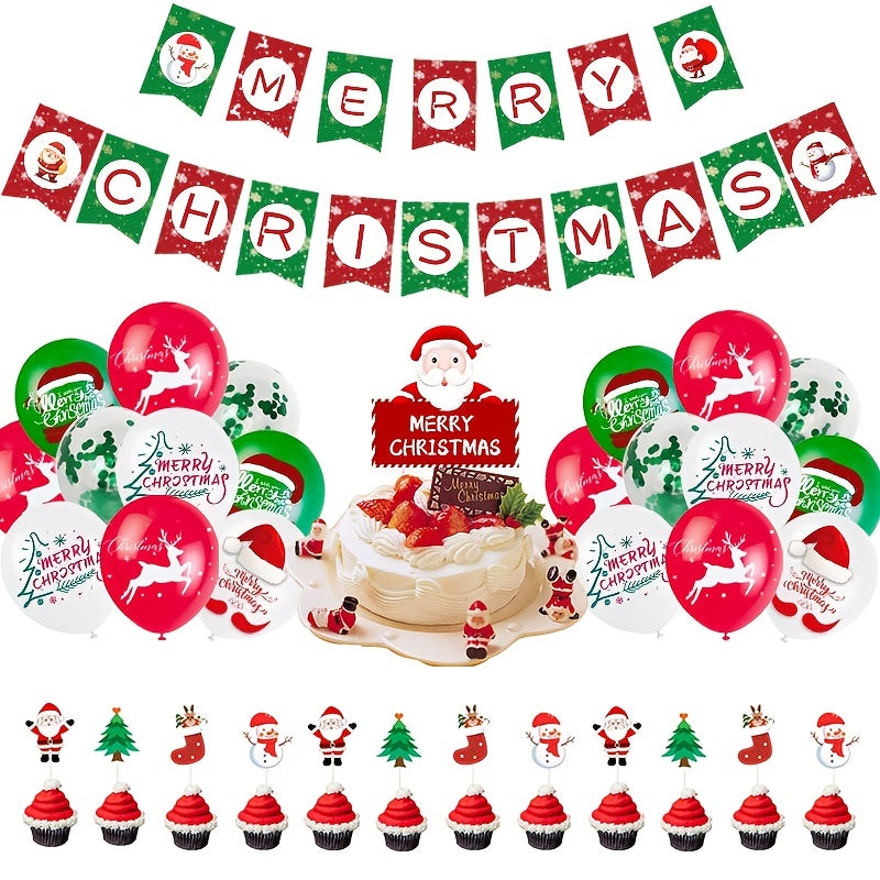 56pcs Christmas Theme Santa Claus Snowman Pull Flag Banner Balloon Set