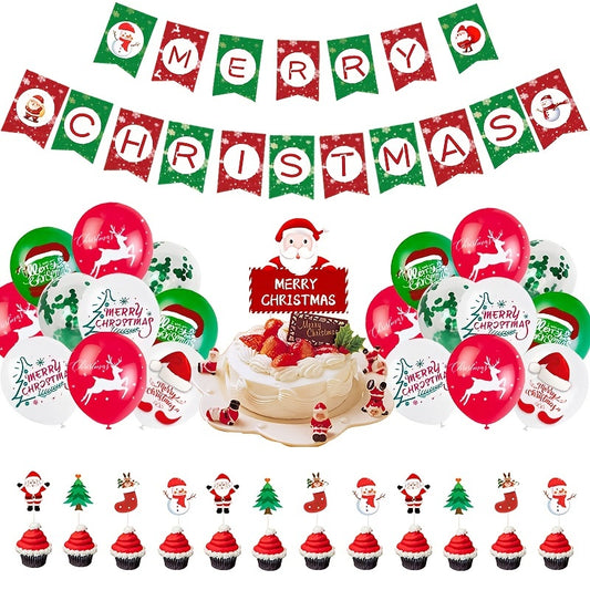 56pcs Christmas Theme Santa Claus Snowman Pull Flag Banner Balloon Set